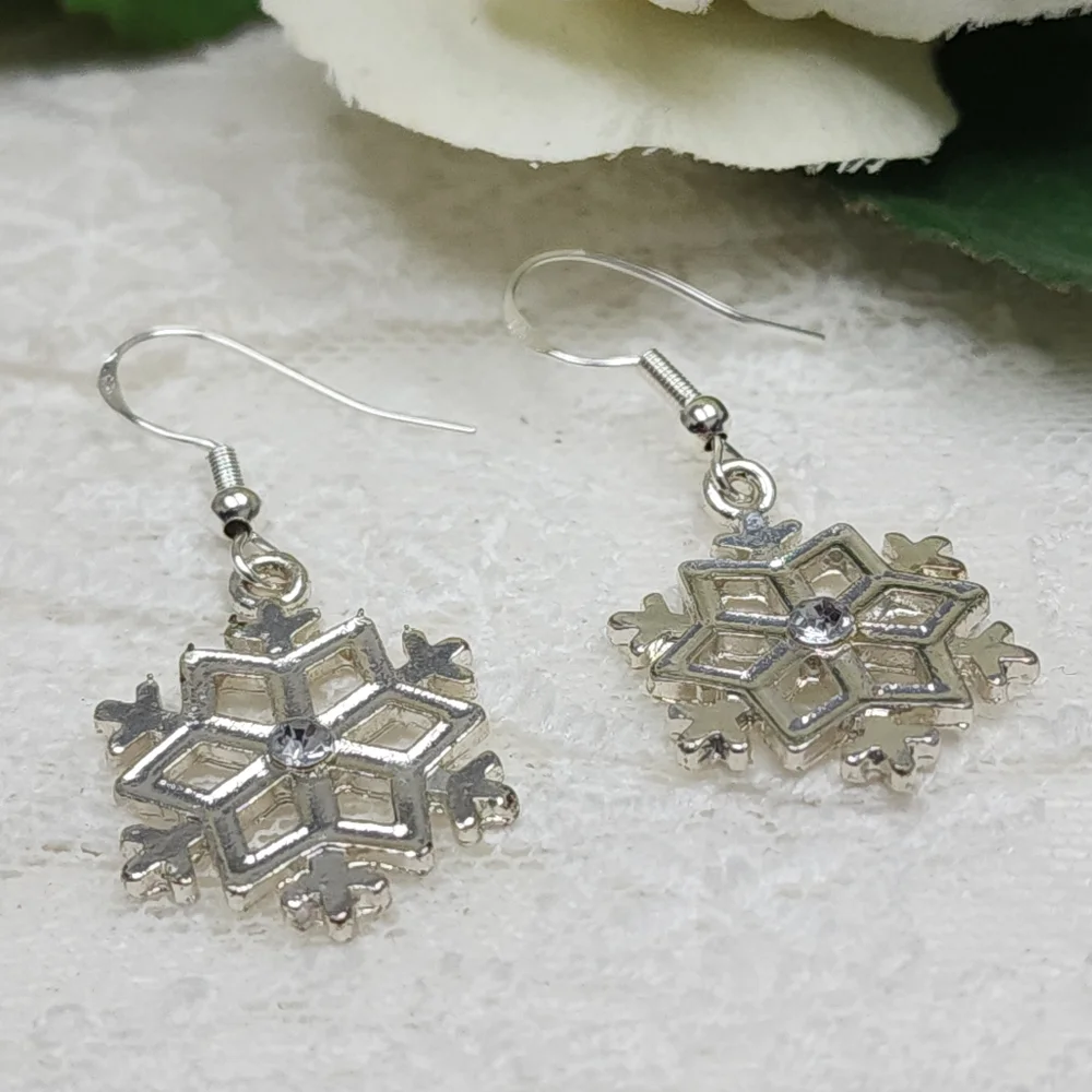 Elegant Silver Toned Dangle Drop Snowflake Hook Earrings